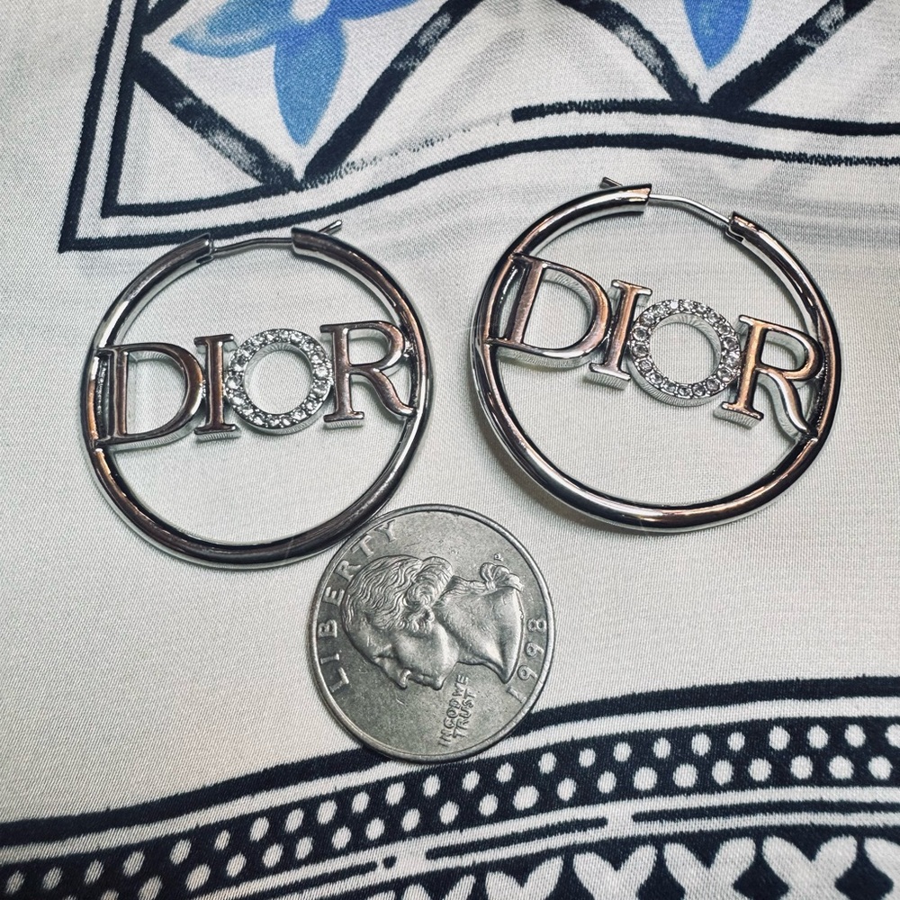 Dior Silver Logo Hoop Earrings with Crystal 'O' - Picture 4 of 6